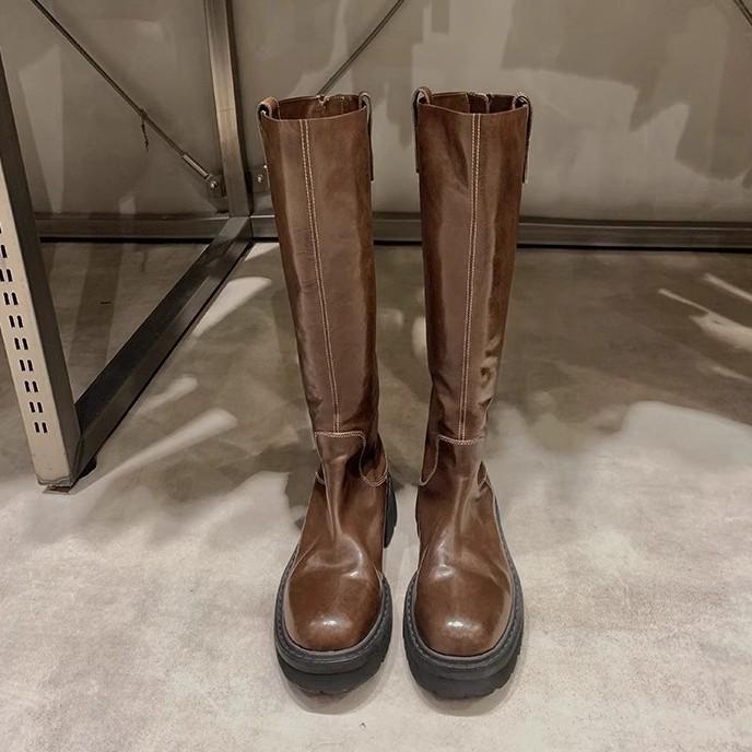 Introducing: Quick-Delivery Mom-Style Grape Boots – Wrinkled Horsehide, Round Toe, Thick Sole, Chunky Heel, Slimming Mid-Calf Knight Boots for Women.