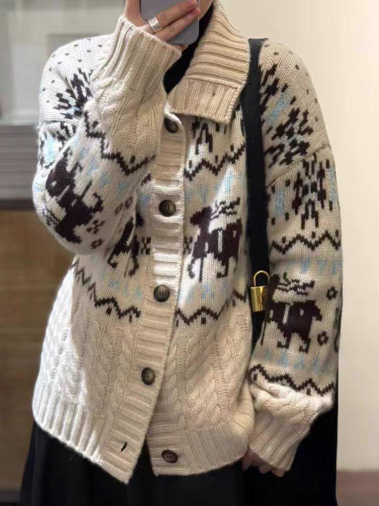 100% Wool Women's Cable Knit Color Block Sweater - Thick, Loose, Lazy Style for Autumn/Winter