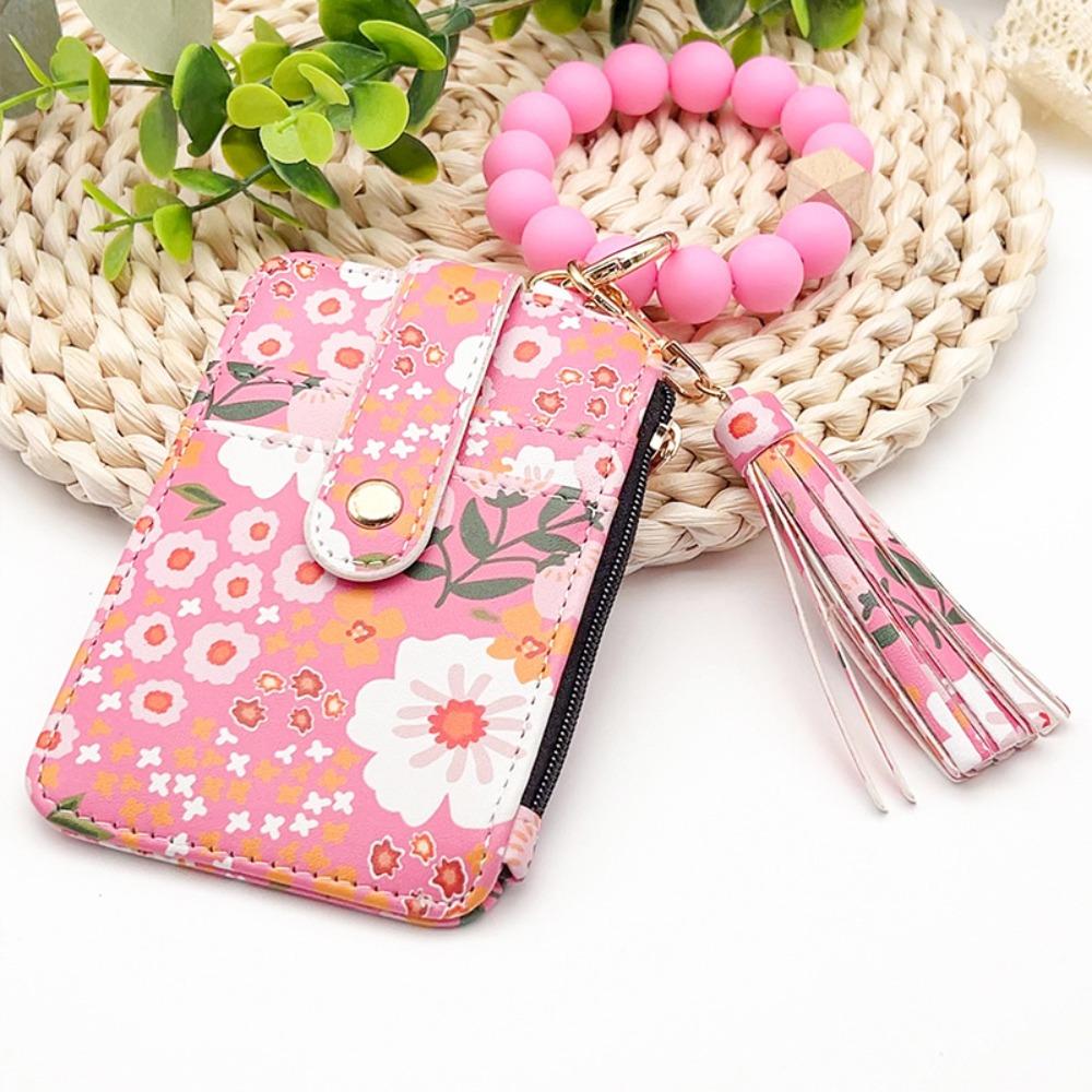 PU Leather Boho Beaded Wallet Keychain Multifunctional Floral Pattern Decorated Wristlet Keychain Wallet Portable