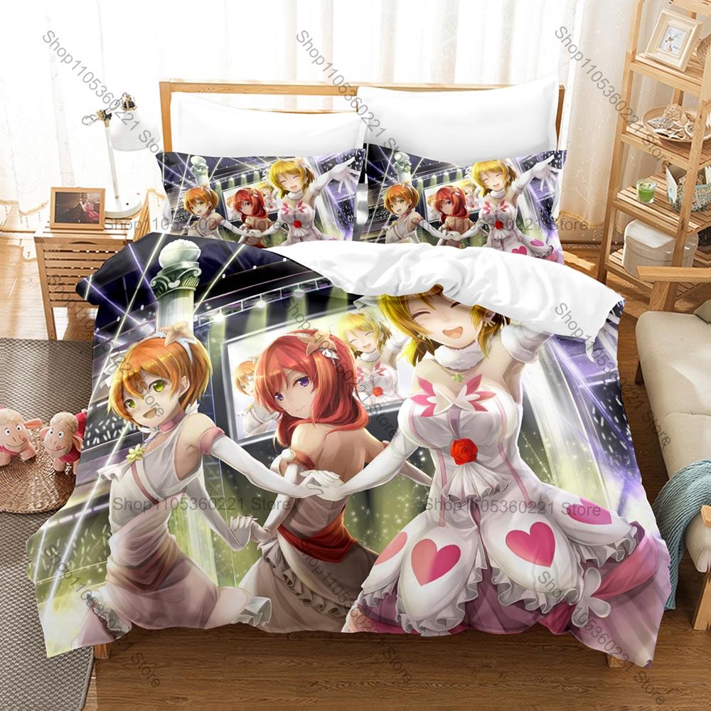 Colorful Group Graphic Love Live School Idol Anime Bedding Set Duvet Cover With 2 Pillowcases Teen Girly Bedroom Decor