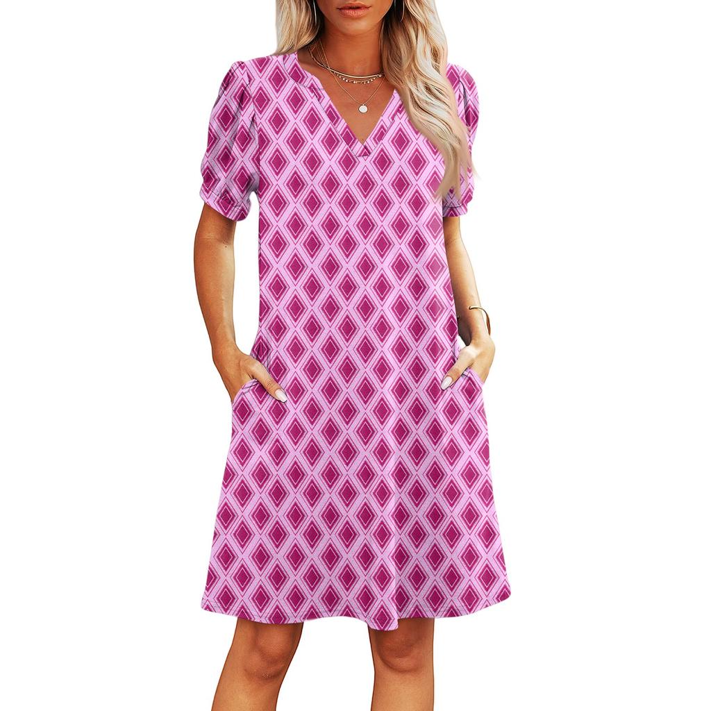 Dámské letní ležérní plážové šaty s výstřihem do V, s krátkým rukávem, pruhované, s geometrickým potiskem