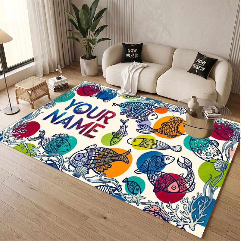 Fish Ocean Theme Soft Crystal Velvet Rug Custom Name & Text Print Non Slip Floor Rug for Bedroom Living Room