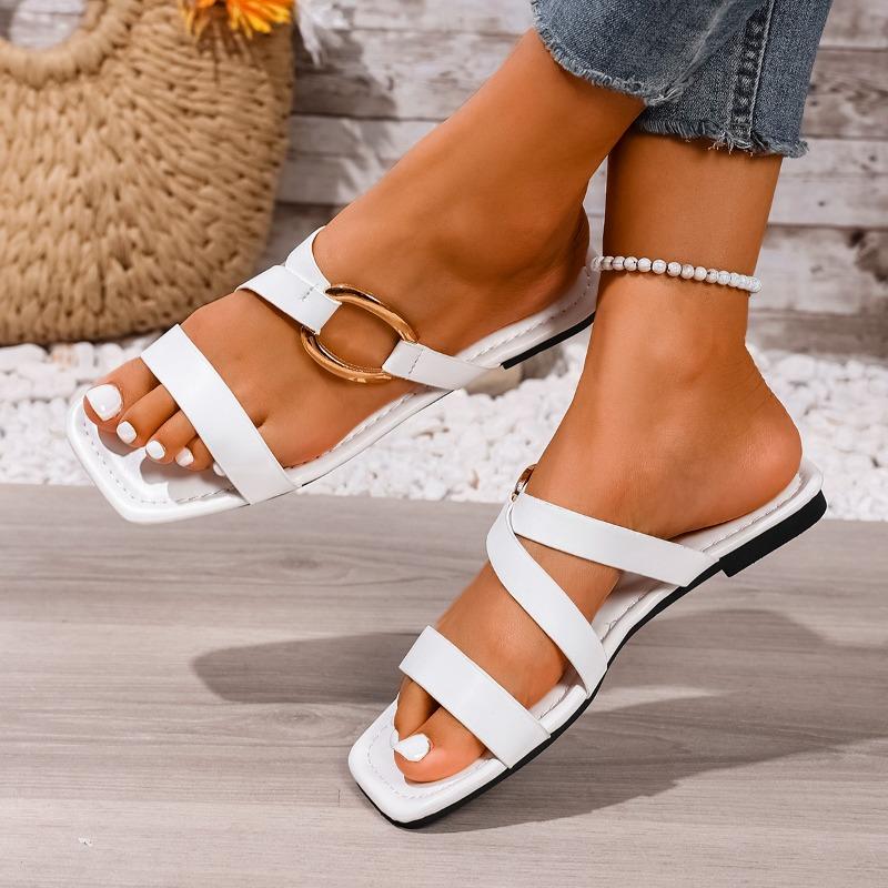 Fashion Plus Size Flip Flops Summer New Square Toe Open Toe Cutout Metal Buckle Soft Sole Non-slip Wear-resistant Flats