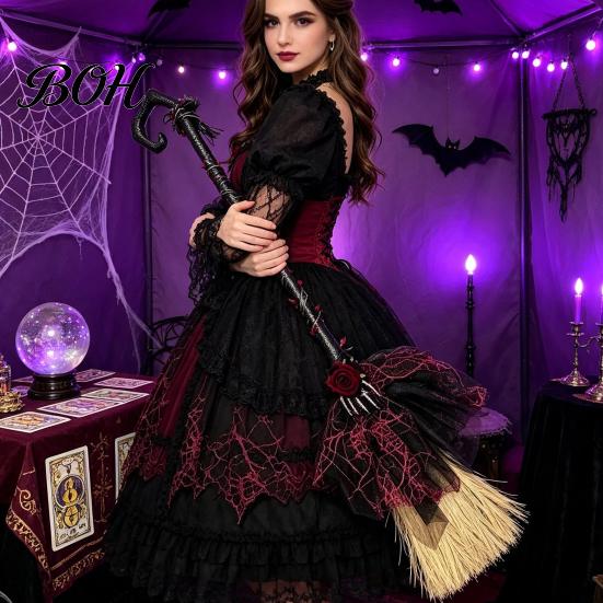 Halloween Theme Party Supplies Witch Broom, Black Tulle Cosplay Costume, Gothic Costume Prop Rose Skeleton Hand Broomstick for Party, Home Decor