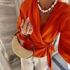 Yousheng Women Shirt V-neck Side Lace-Up Lantern Long Sleeve Pullover Tops Solid Color Work Casual Blouse Daily Wear