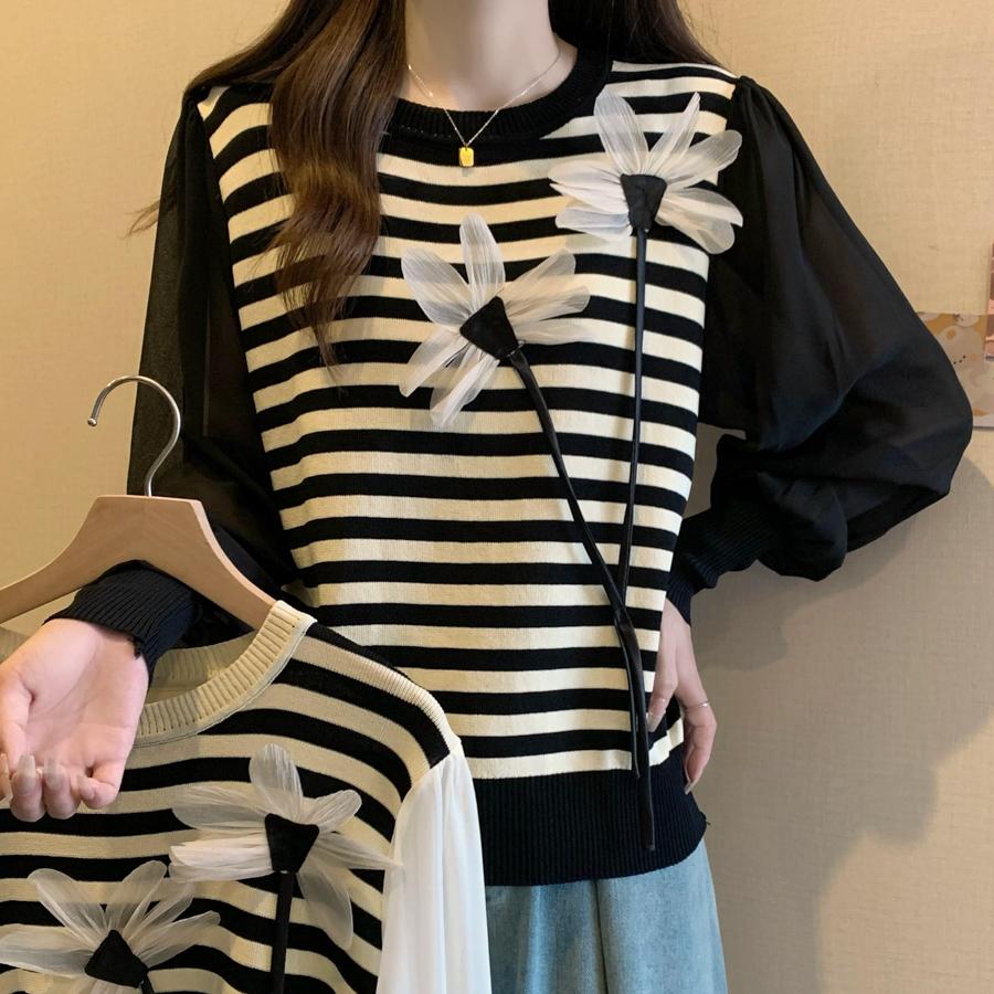 Modischer Herbst- und Winter-Neuer 3D-Blumen-Gestreifter Langarm-Gespleißter Strickpullover