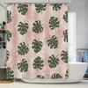 Minimalist Green Palm Leaf Bath Curtain SetWaterproof Bathroom Shower Curtain Featuring Monstera Leaf Design In Pink with White