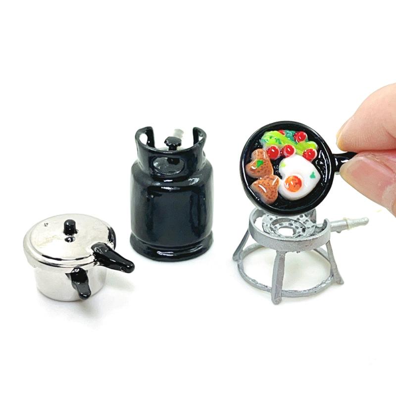 1:12 Dollhouse Kitchenware Collection Gas Stove Pressure Cooker Fried Egg Children Pretend Enjoy Toy Miniature