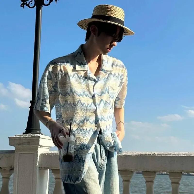 Men Summer Geometric Print Cuban Collar Shirt