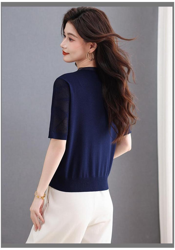 Women's Summer Ice Silk V-Neck Lace Knit T-shirt: Age-Defying, Tummy-Concealing Short Sleeve for Mid-Aged Moms 40s.