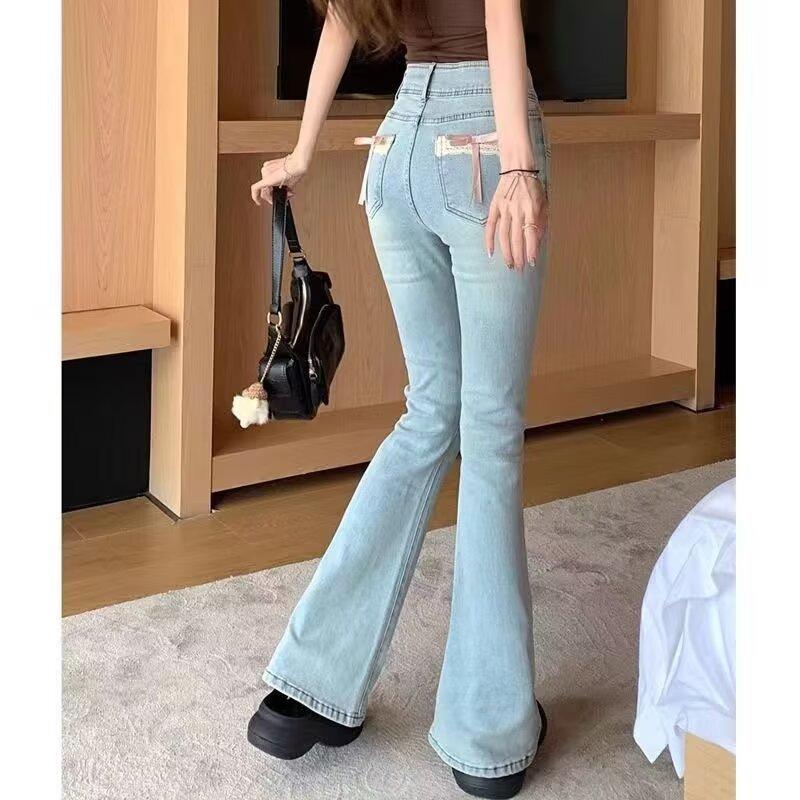 

Женские джинсы клеш с высокой талией и розовым бантом – Осенний национальный стиль, Длина в пол, Эластичная посадка, Маленькие размеры XL синий