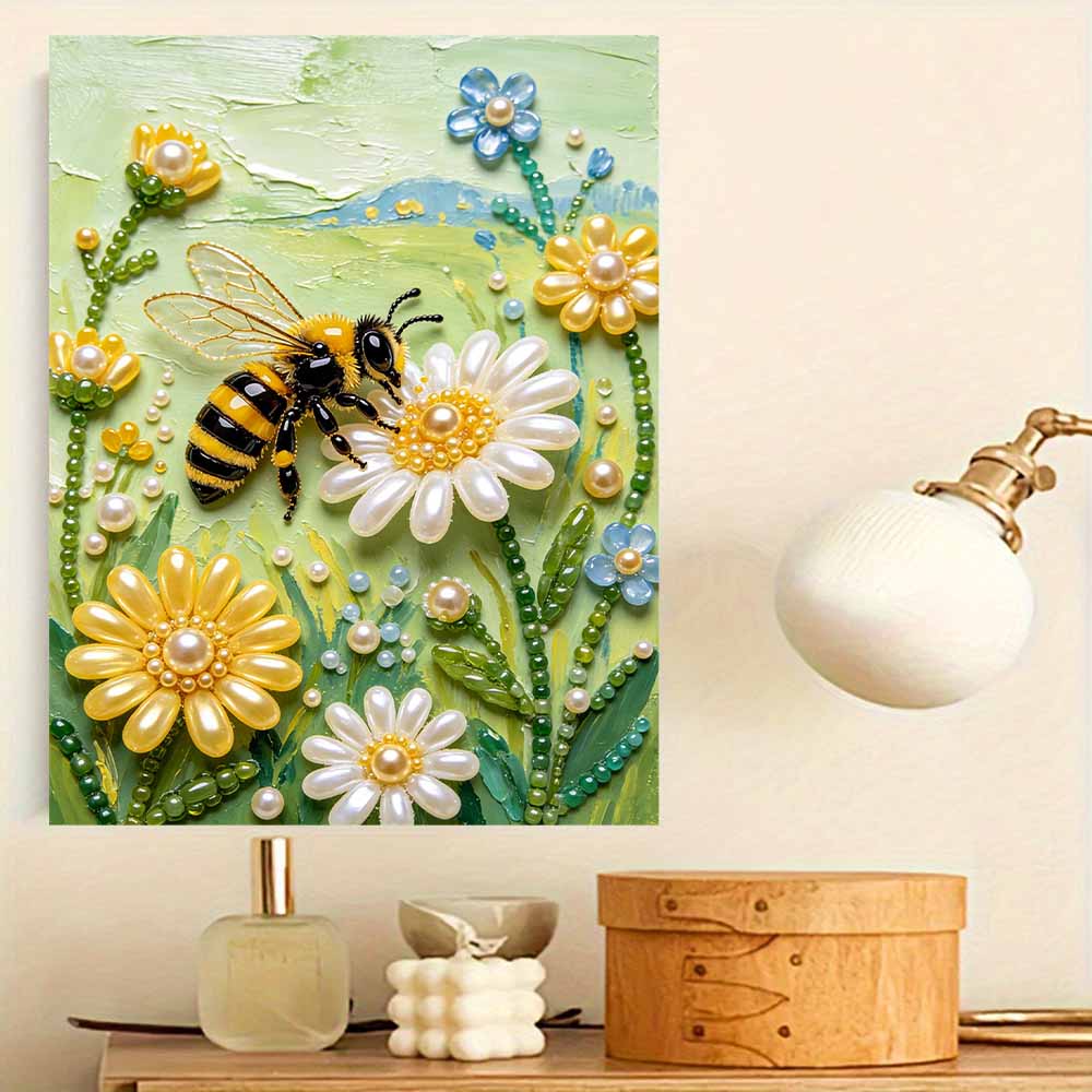 Pearl Painting DIY Kit Bee and Yellow Flower Design Frameless Shiny Bead Canvas Creative Craft for Home Wall Decor Art Relaxing Needlework Hobby