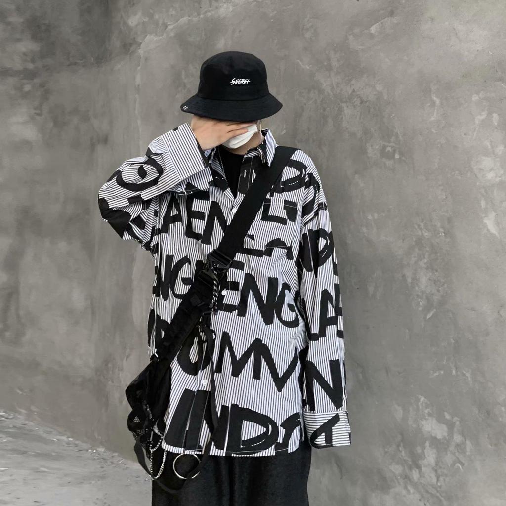 Męska modna koszula z długim rękawem z graffiti, styl koreański Harajuku na wiosnę/jesień