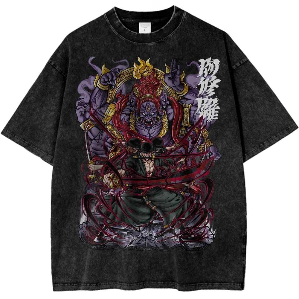 

Stylish Washed Black One Piece Roronoa Zoro Casual Cotton Short-Sleeve T-Shirt L