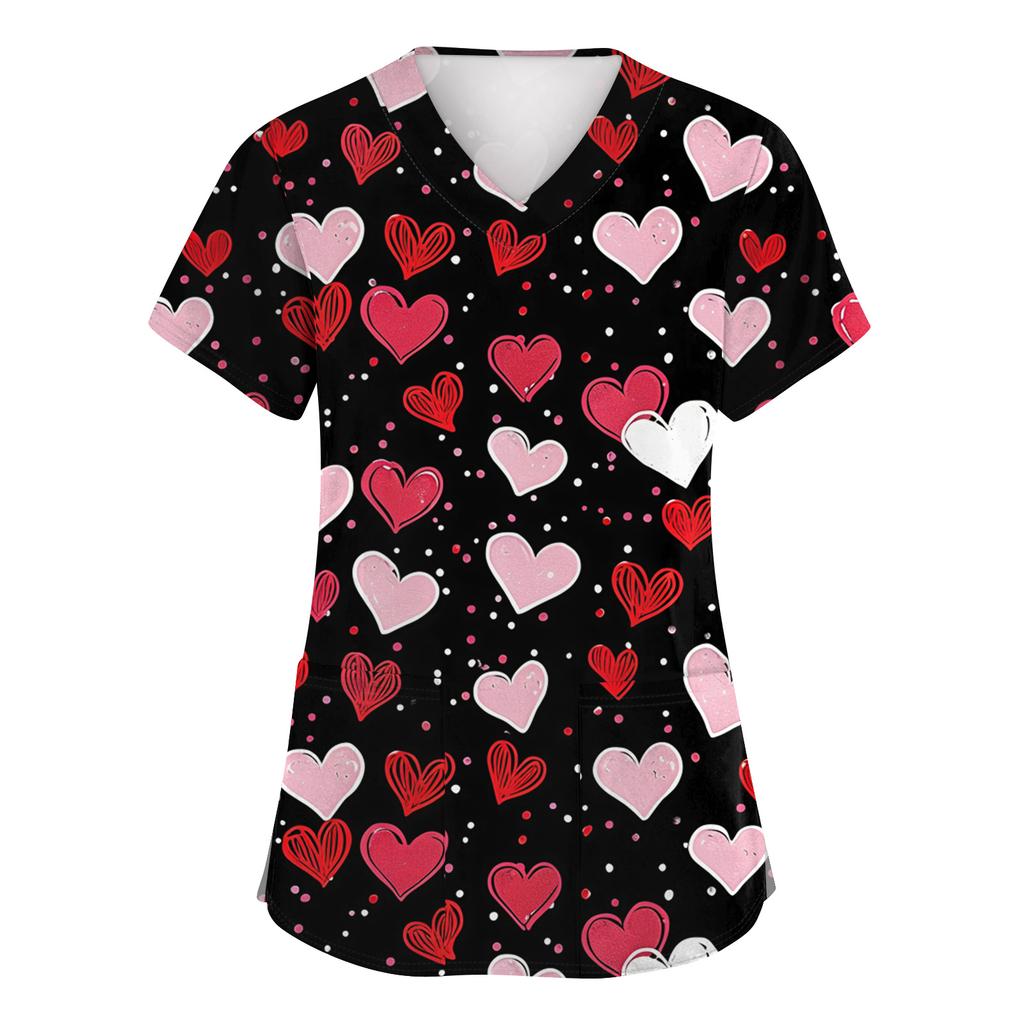 Women's Fashion Short-Sleeve Valentine's Day Print V-Neck Pocket Workwear Top