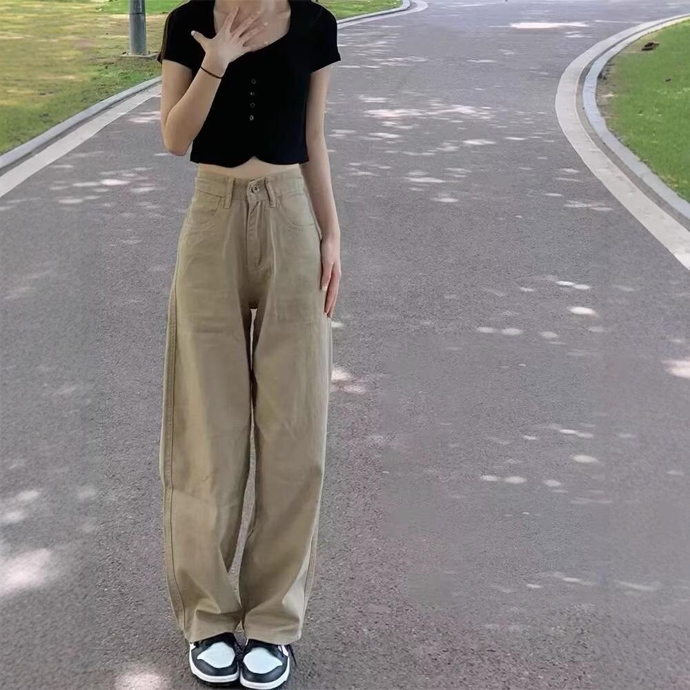 

Women s Khaki High-Waisted Straight-Leg Jeans - Summer Wide-Leg Pear Shape Slimming Pants M