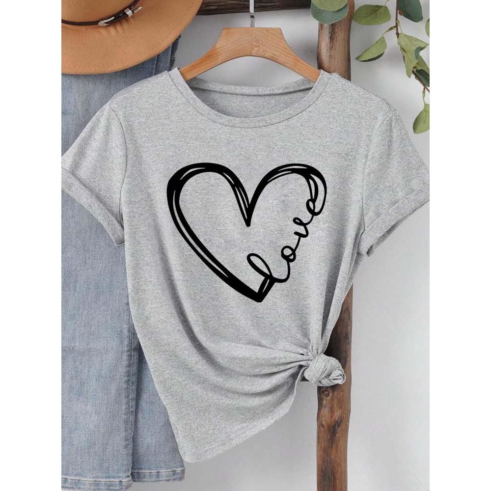Love Heart Printed Trend Women Fashion Clothing Graphic T-shirts Clothes Print Female Shirt Short Sleeve Lady Casual Tee