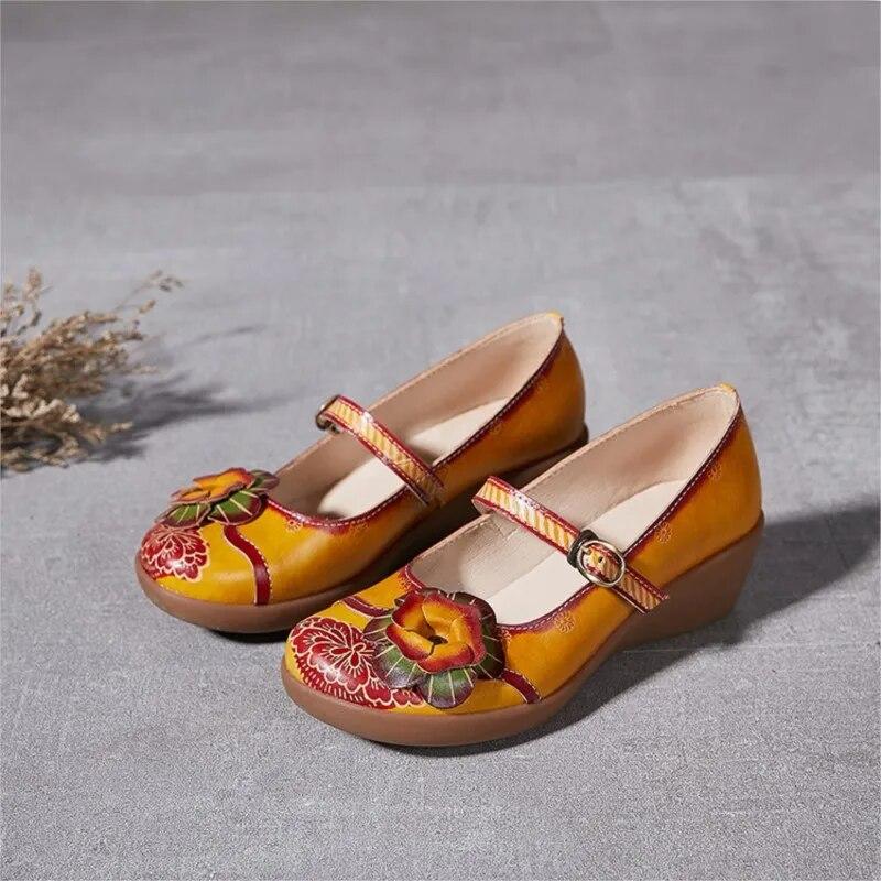 Johnature Vintage Květinové klíny Sandály Ručně vyráběné pravé kůže v etnickém stylu Pohodlné dámské boty