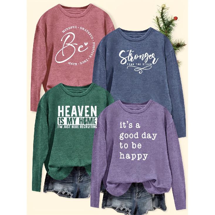 Women s Elegant Style Love Letter Combination Print Pattern Casual Round Neck Long Sleeve for Spring, Summer, Autumn, and Winter4Pieces T S