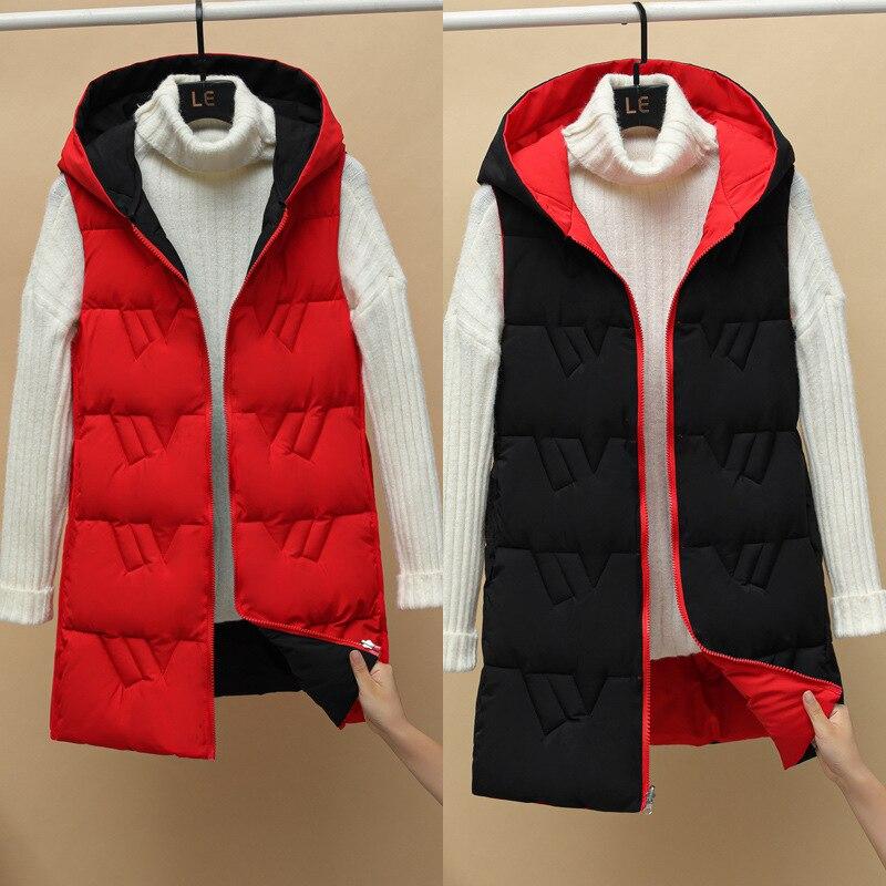 Autumn and Winter Women's Solid Color Loose Vest Hooded Long Reversible Vest Jacket Cotton Padded Women's Windproof Warm Vest