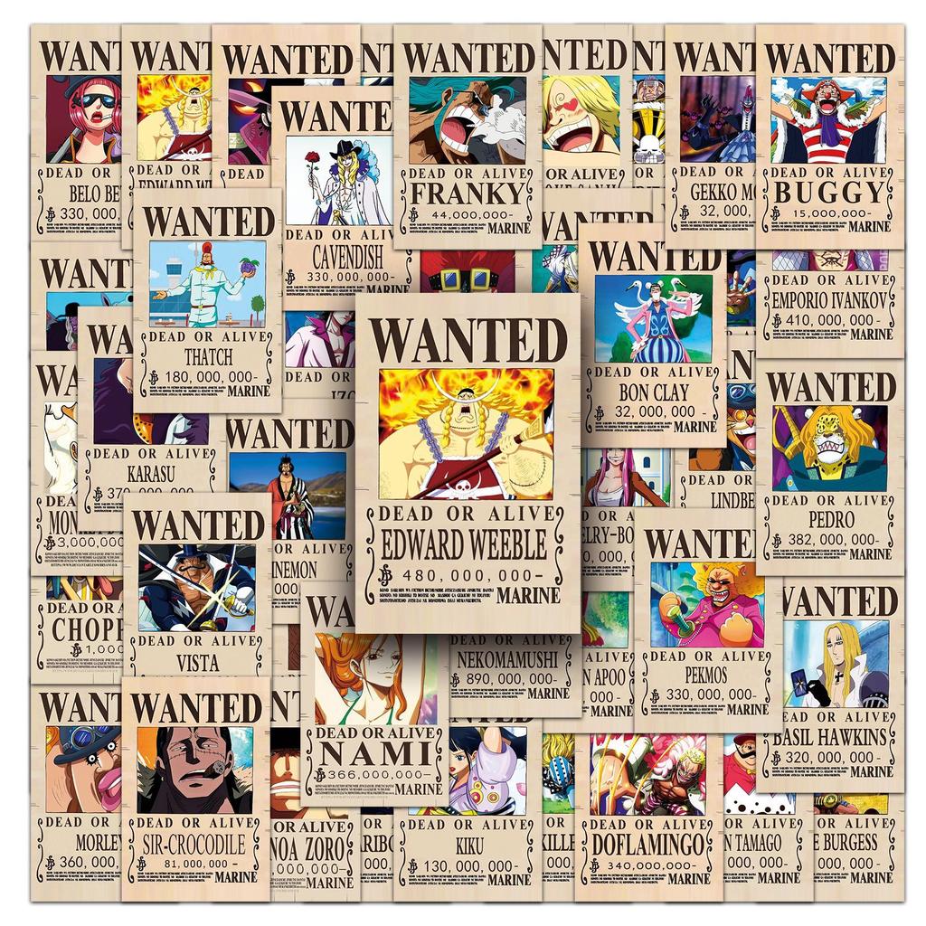 50 One Piece Reward Wanted Order Graffiti Stickers Personalized Japanese Comic Decoration Water Cup Mobile Stickers