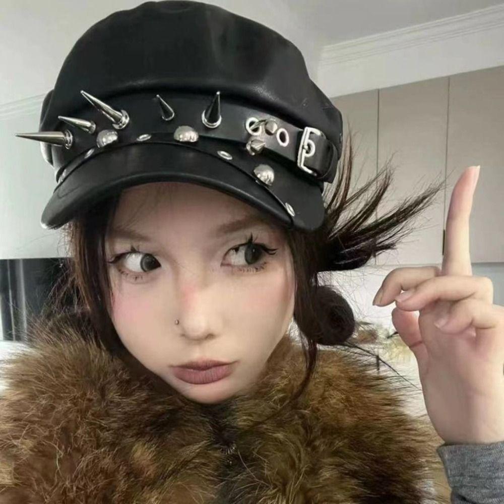 PU Leather Rivet Punk Cap Dark Retro Painter Hat Harajuku Gothic Spike Cap  Headdress