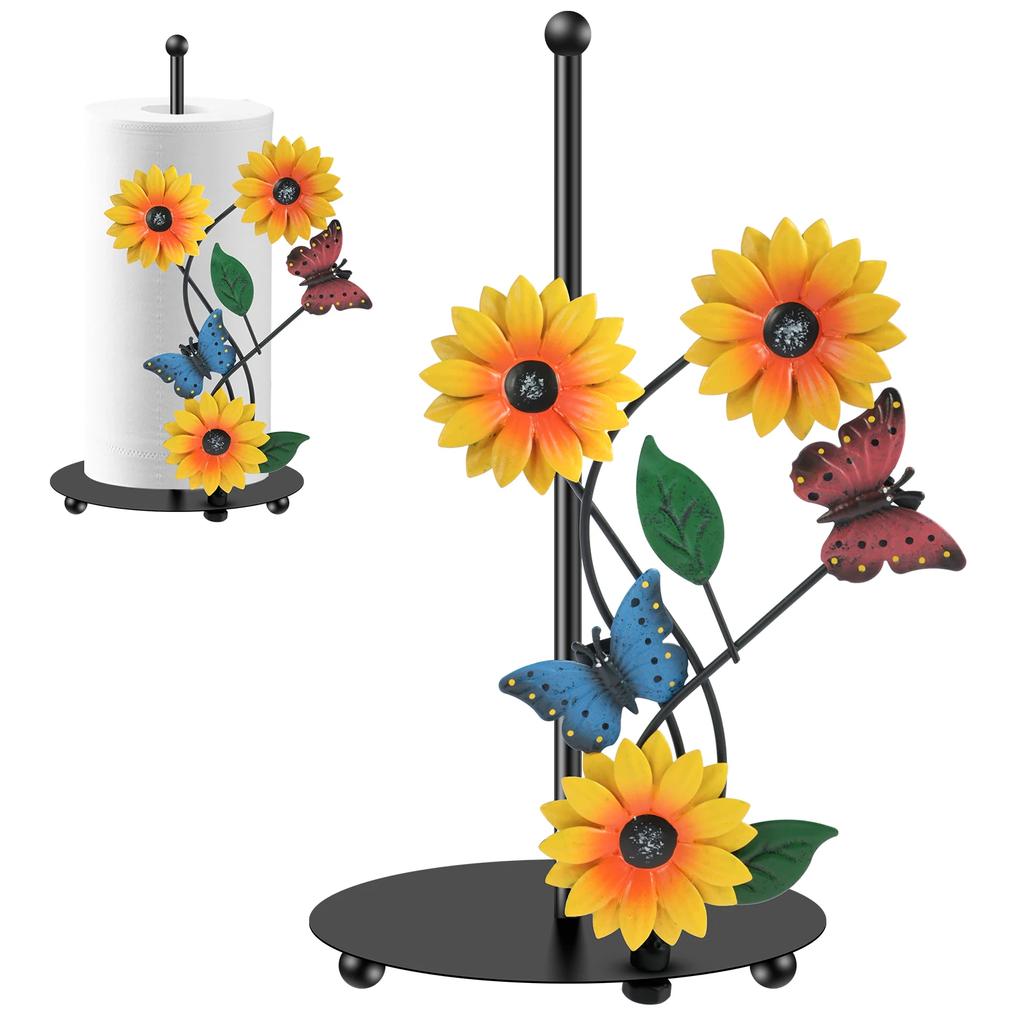Sunflower Paper Towel Holder Iron Art Sunflower Kitchen Roll Stand Lifelike Butterfly/Bee Paper Towel Stand Decorative Standing