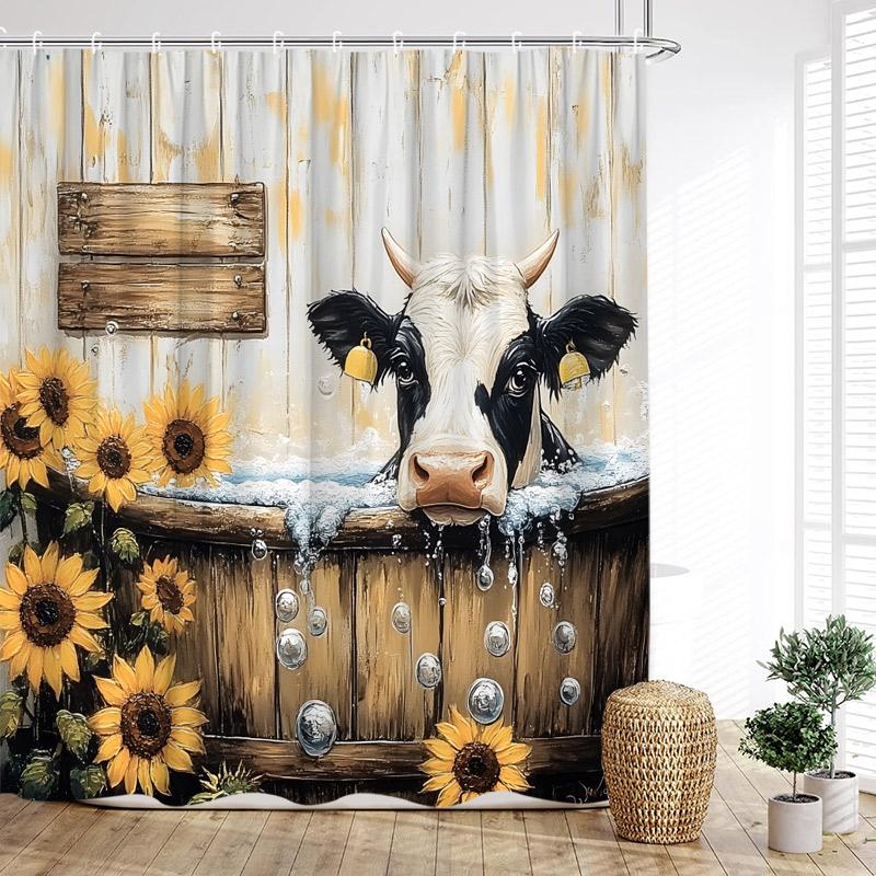 Funny Bathing Highland Cattle Shower Curtains Blue Bathtub Bath Curtain Window Ocean Landscape Bathroom Decoration with Hooks