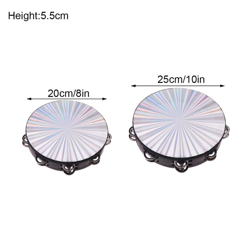 8/10 In Wooden Tambourine Handbell Hand Drum W/ Double Row Jingles Laser/Rainbow Drum Head Musical Percussion Instrument