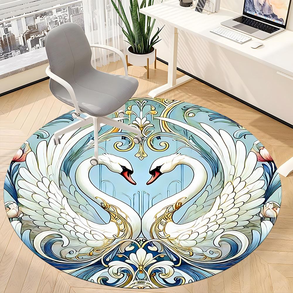 1pc Swan Art Office Round Area Rug, Indoor Mat Suitable ForOffice, Under Office Chairs Bedroom Living Room Home Decor D019