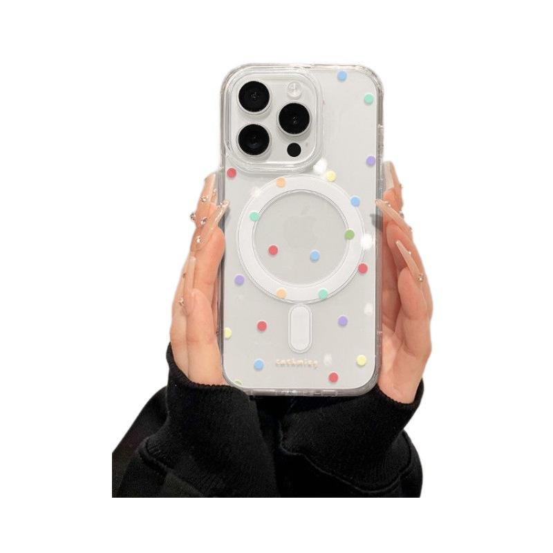 Magnetic iPhone 15 Pro Max Case - Cartoon Design with 16 Colorful Polka Dots