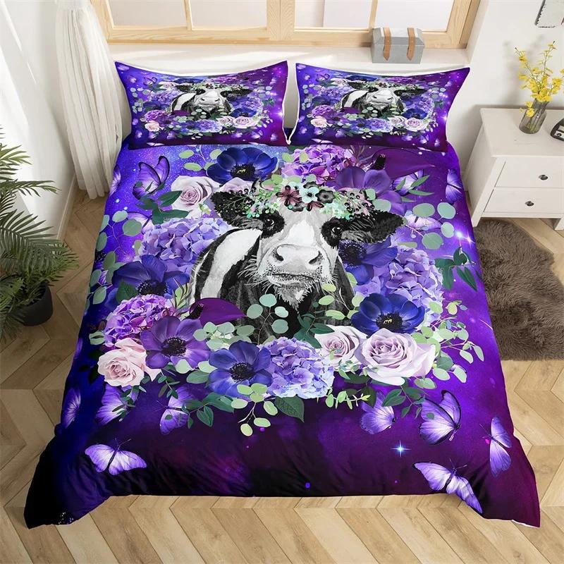 Highland Cow Duvet Cover King Microfiber Western Farmhouse Animal Bedding Set Leopard Cow Skin Fur Floral Print Comforter Cover