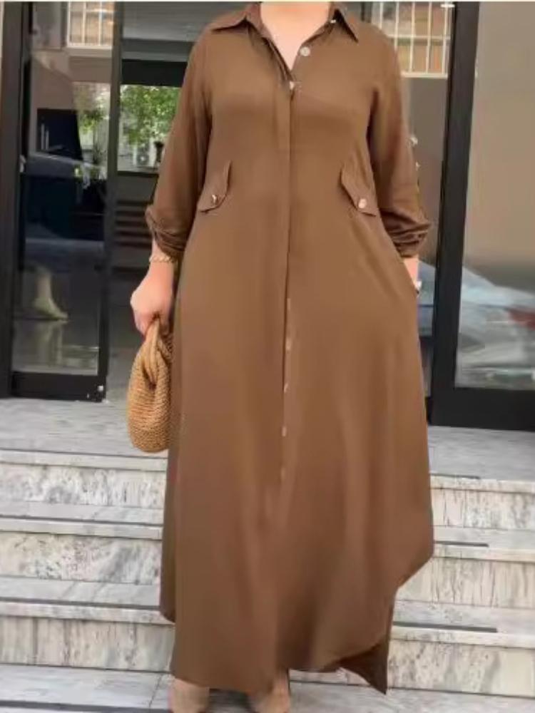 

Женское платье-рубашка с длинным рукавом, застежкой на пуговицах спереди, воротником с лацканами и боковыми карманами 5XL темно-коричневого