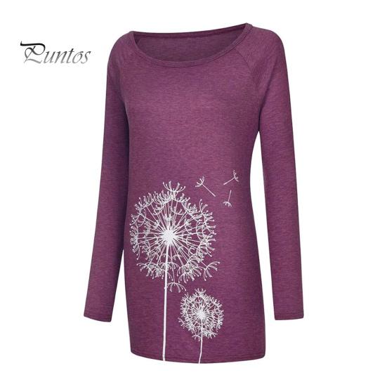 Damen-Tunika-Oberteil in Übergröße mit Löwenzahn-Print, Longline-Shirt, Rundhalsausschnitt, Langarm, Pullover, T-Shirt, lässige Bluse mit lockerer Passform für die Arbeit, den Alltag