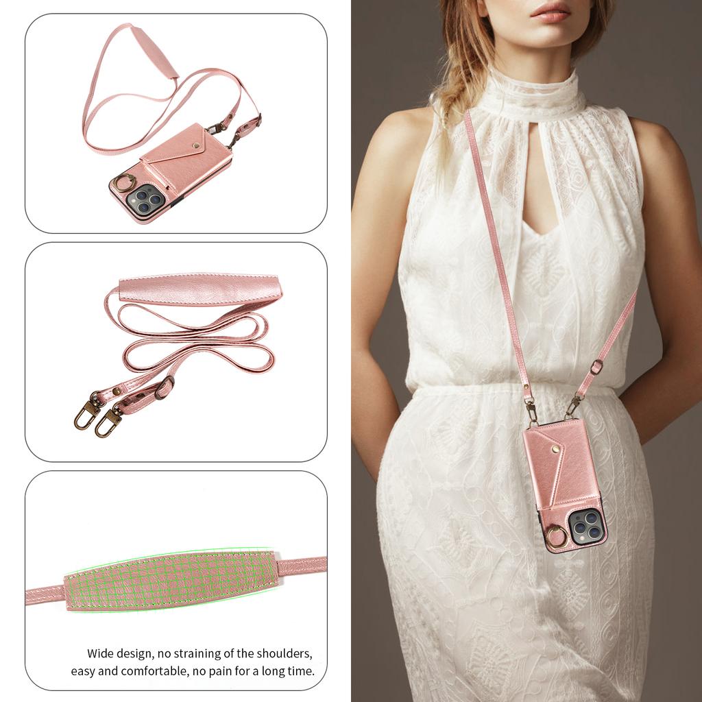 For iPhone 15 Series.for iPhone 15,15 Plus,15 Pro,15 Pro Max Shoulder Strap Rope Ring Bracket Design Card Holder Slots Lichee Pattern Cover Phone Case