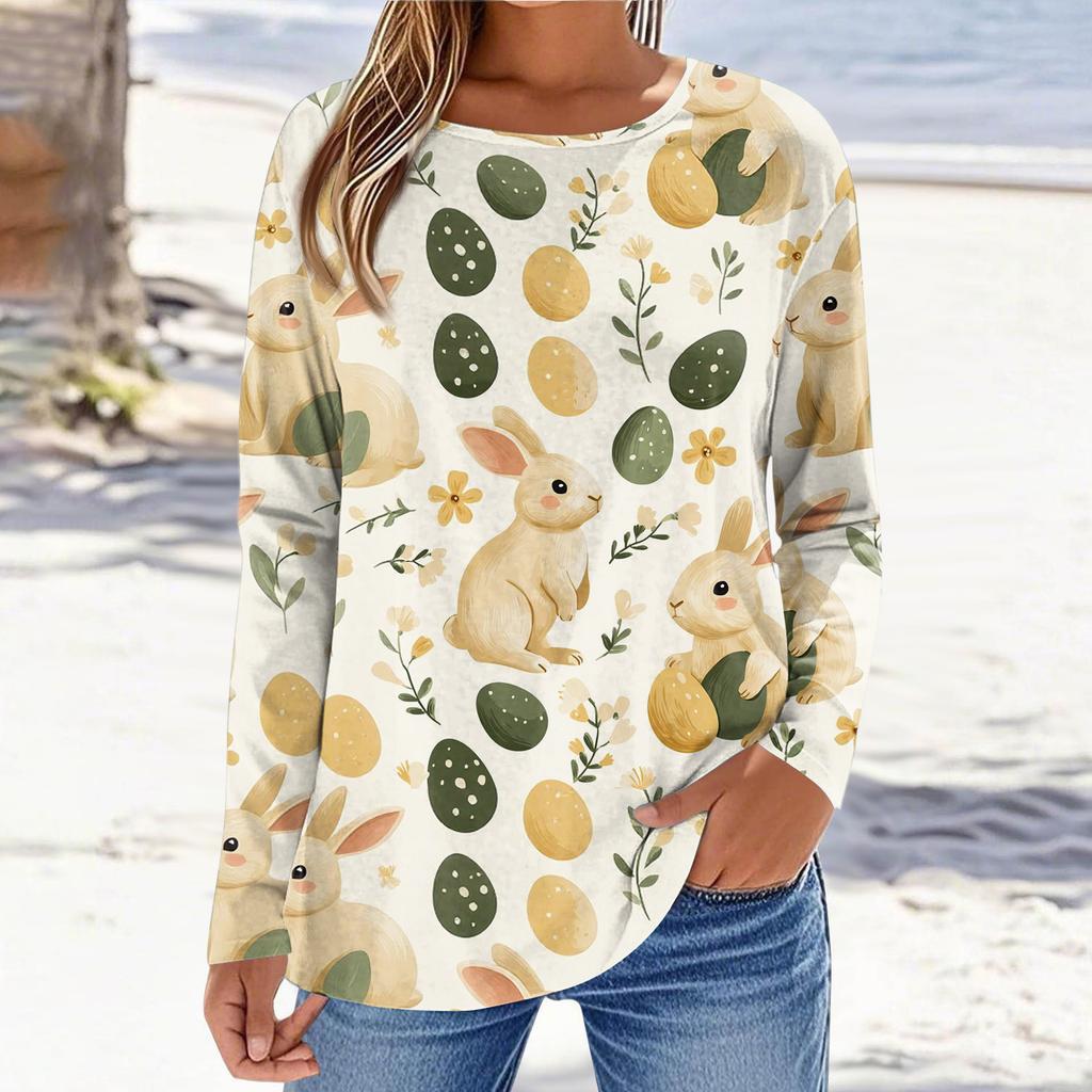 Women's Daily Casual Long Sleeved Easter Printed Round Neck Top