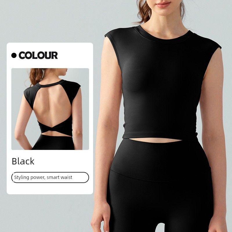 

2024 New Arrival Spring/Summer Yoga Short Sleeve Women s Fixed Cup Running Sexy Backless Short Sports T-Shirt Fitness Vest Black M