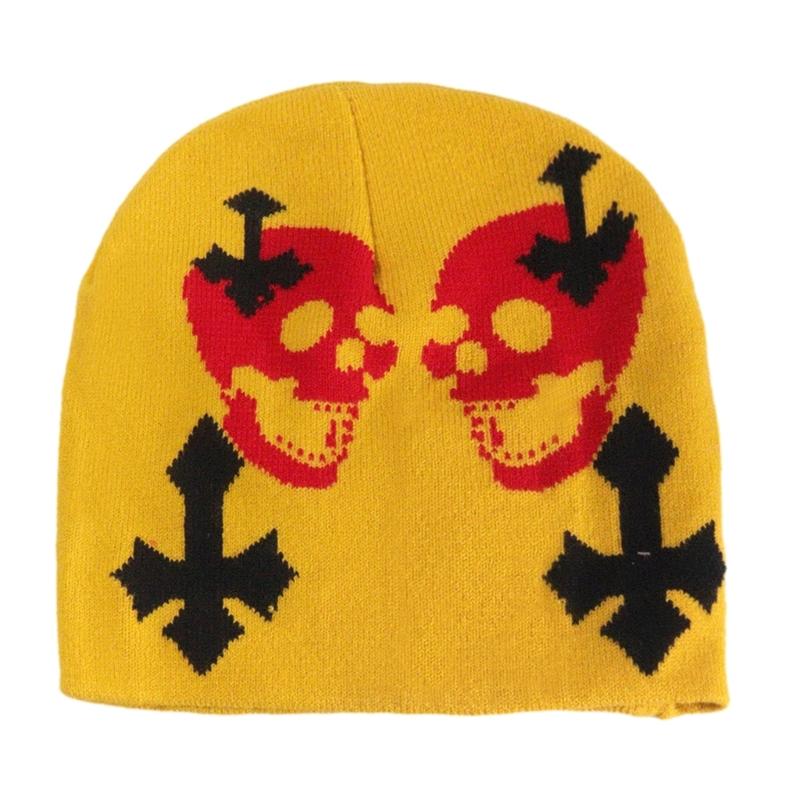 Knit Double Skull Beanie Hat for Students Adult Windproof Foldable Winter Hat Handmade Halloween Keep Warm Cycling Hat