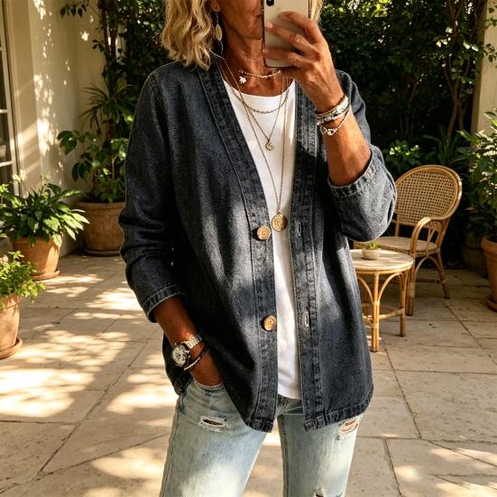 Giacca da Donna jijijing con Bottoni Frontali in Finto Denim, Cappotto Casual a Manica Lunga con Scollo a V, Cardigan Vintage Lento in Imitazione Jeans