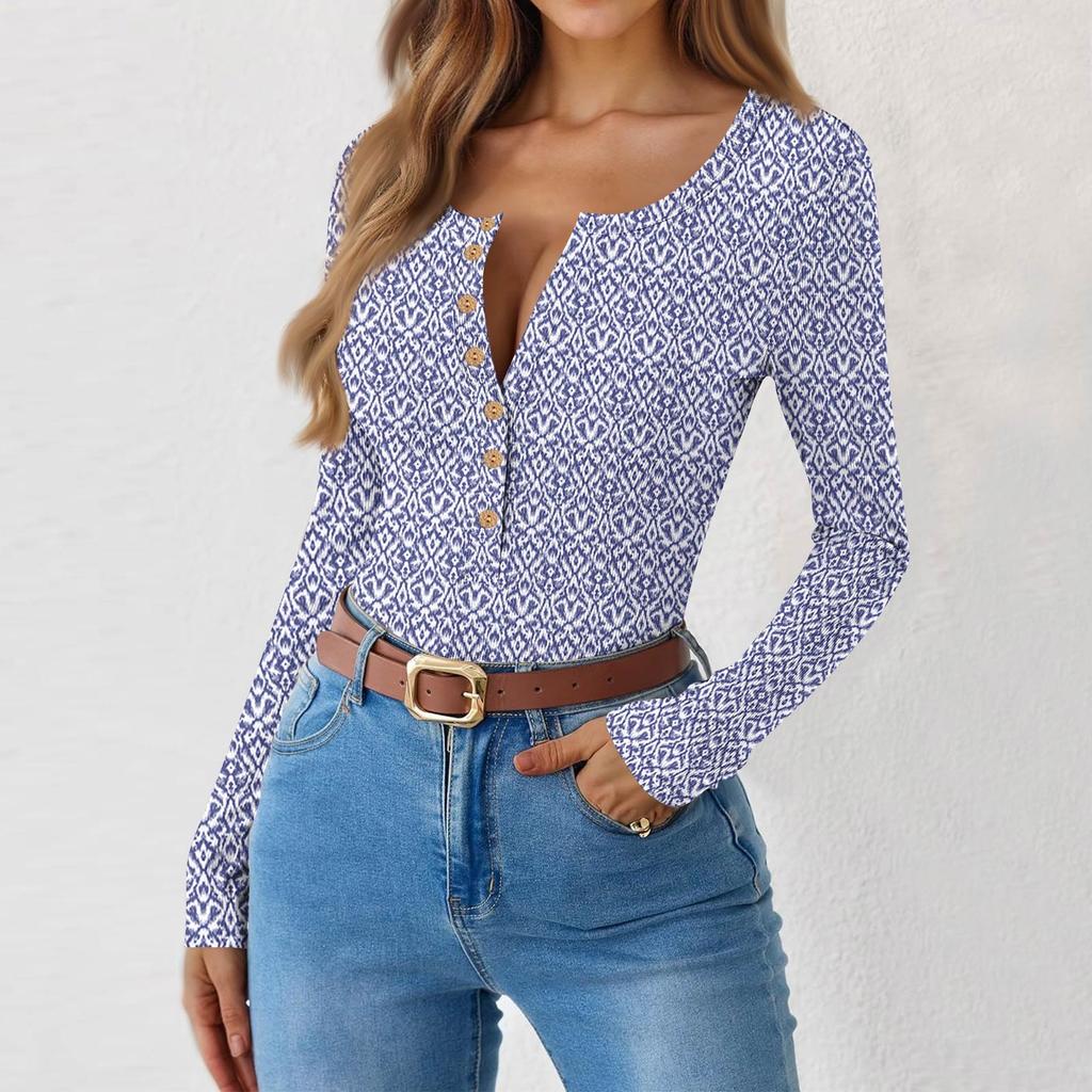 Women's Slim Bottom T-shirt Fashion Casual Gradient Printing Round Neck Pullover Long Sleeve Top