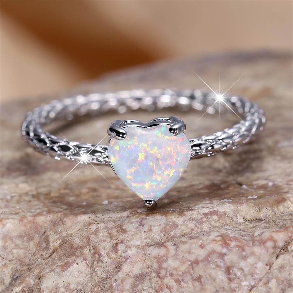 White Fire Opal Love Heart Stone Rings For Women Vintage CopperColor Wedding Bands Birthstone Jewelry Valentine's Day Gifts