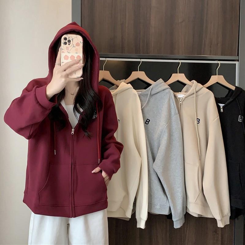 Womens Oversized Fleece-Lined Hooded Zip-Up Sweatshirt Winter Warm Loose Fit Casual Coat In Wine Red Black Beige Gray