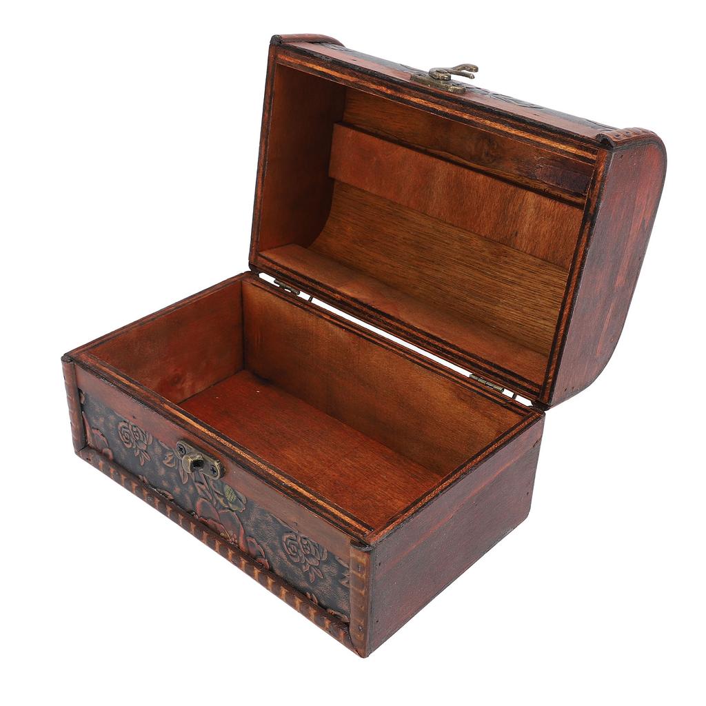 Vintage Wooden Jewelry Box Retro Treasure Chest Trinket Case with Handle Keepsake Decorative Box