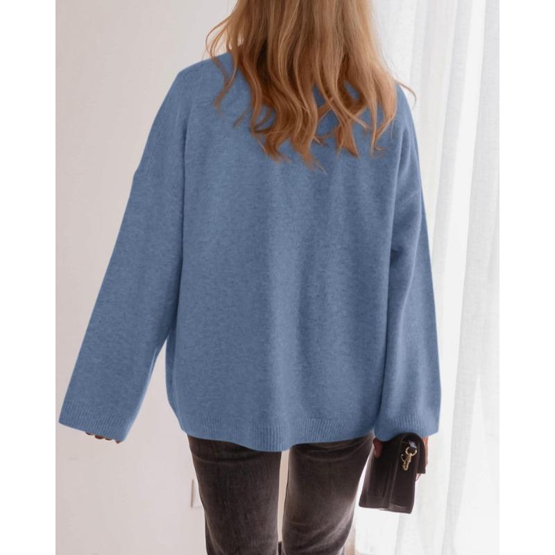 Women Solid Color V Neck Button Up Loose Long Sleeve Knit Cardigan Sweater Coat