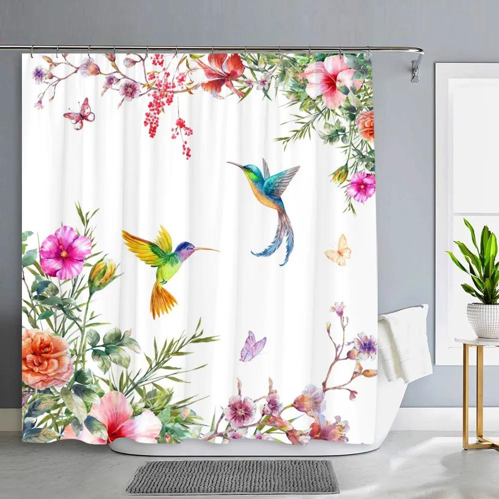 

Spring Botanical Flower Shower Curtain Tropical Green Leaf Pattern Polyester Fabric Washable Shower Curtains Bathroom Decor W60H190(CM)-1 Pcs