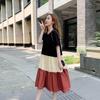 Summer Color Block Short Sleeve Maternity Dress Set - Over-the-Knee Design