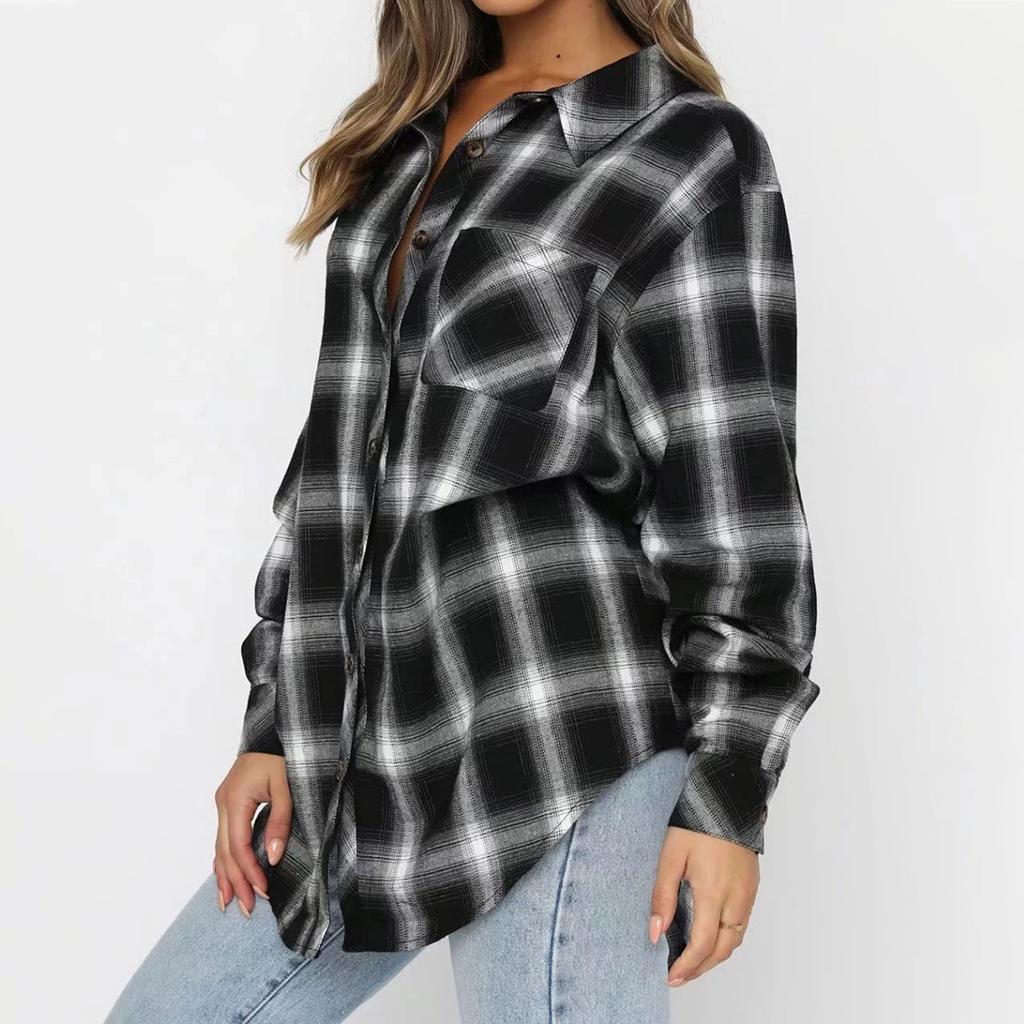 Women's  And Winter Mid-Length Lapel Cardigan Single-Breasted Pocket Plaid Shirt Top