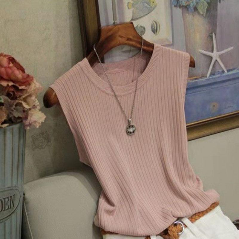 Women Summer Sleeveless O Neck Solid Color Knitted Causal Vest Top