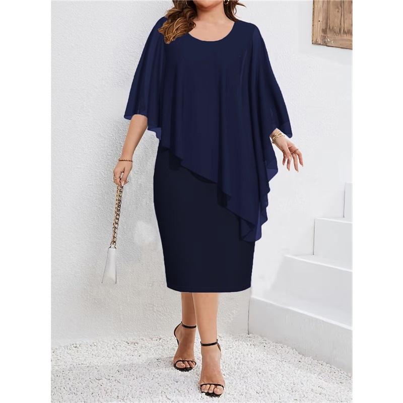 Women Plus Size Chiffon Dress Batwing Sleeve Cape Overlay Casual Midi Dress