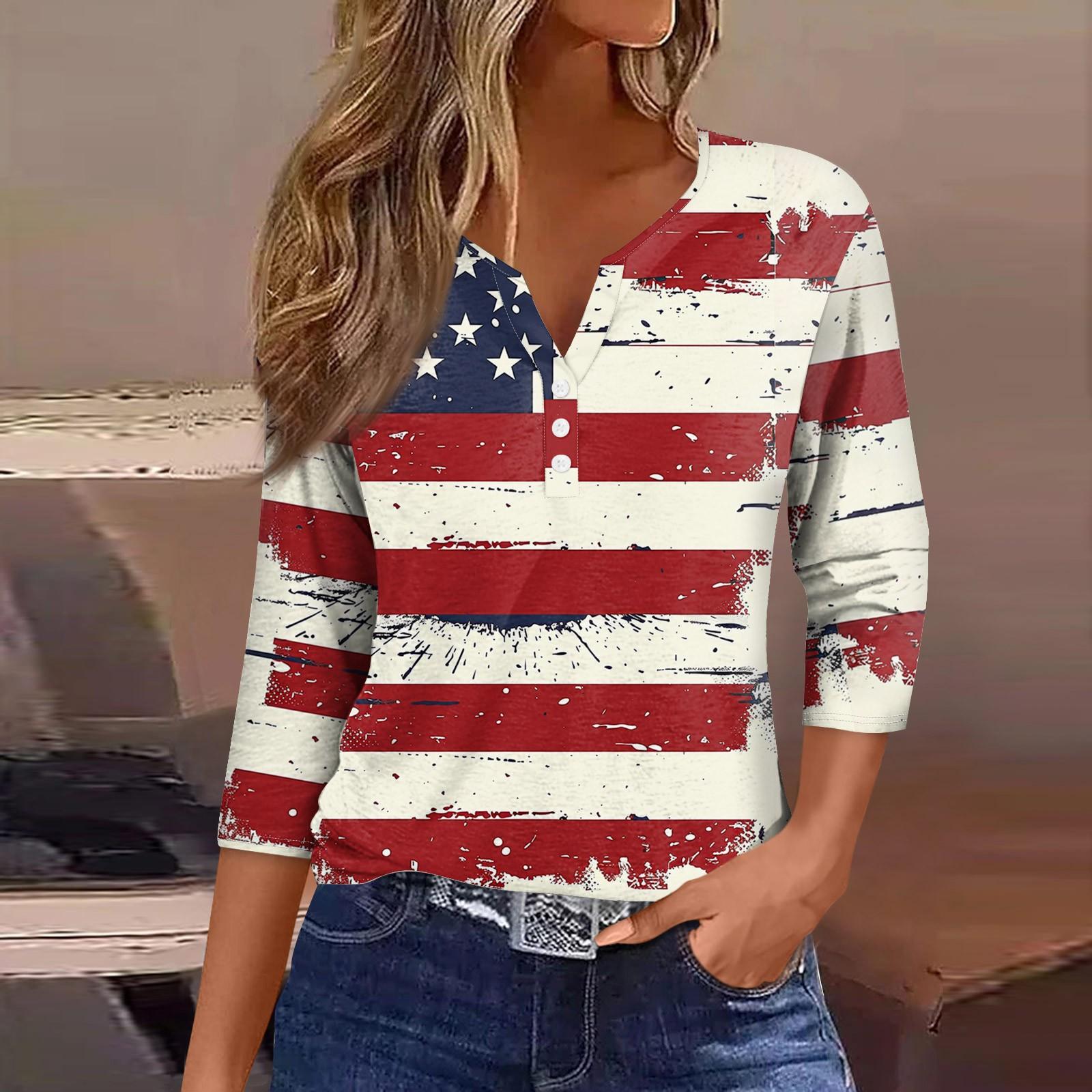 

Women s Neck Independence Day Printed Striped Short Sleeve T-Shirt Top S червоний